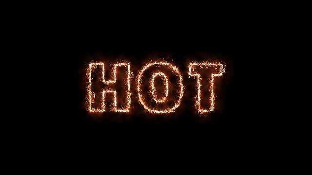 The word "hot" in the fire on a black background. The announcement of the best prices and discounts. A looped video clip.