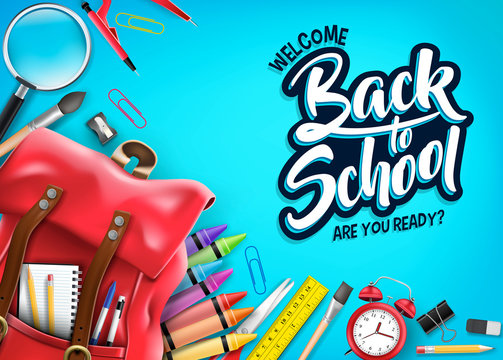 Top View Back to School In Blue Background Banner with Red Backpack and School Supplies Like Notebook, Pen, Pencil, Colors, Ruler, Magnifying Glass, Eraser, Paper Clip, Sharpener, Alarm Clock and Pain