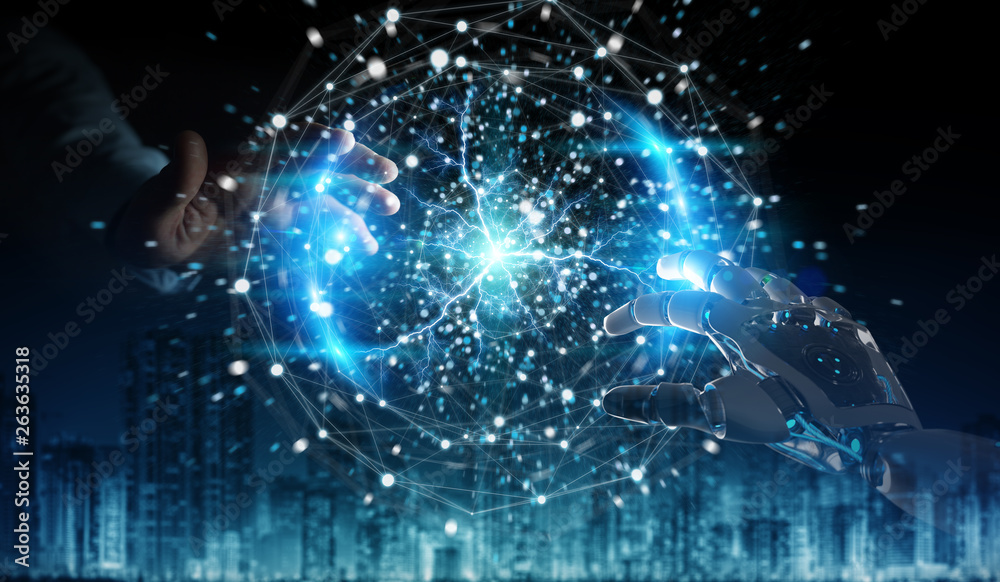 Aufkleber robot hand and human hand touching digital sphere network on dark background 3d rendering