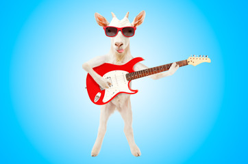 Funny goat showing tongue in sunglasses with electric guitar on blue background