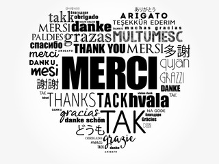 Merci (Thank You in French) love heart word cloud in different languages