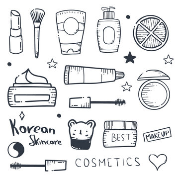Korean cosmetics. K-Beauty banner with hand draw doodle background. Skincare and Makeup. Vector Illustration.