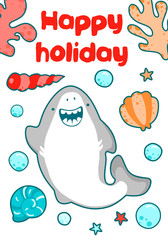 Sea card for children birthday. Cute baby illustration of a shark
