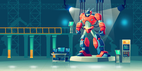 Transformator robot pertempuran di laboratorium sains.  Robotika dan teknologi kecerdasan buatan cyborg, karakter exoskeleton tempur militer, prajurit cybernetic alien.  Ilustrasi vektor kartun