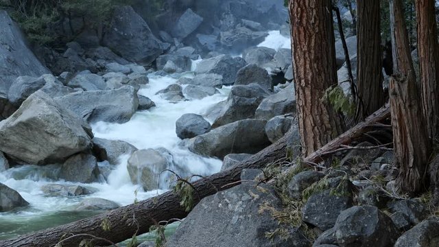 Footage of the lower Yosemite falls filmed during the spring of 2019. Natural snowmelt waterfall.