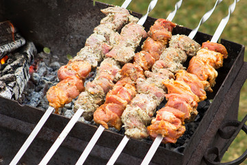 Freshly marinated shashlik prepared for roasting on charcoal. The traditional dish is made outdoors