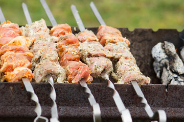 Freshly marinated shashlik prepared for roasting on charcoal. The traditional dish is made outdoors