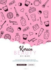 Korean cosmetics. K-Beauty banner with hand draw doodle background. Skincare and Makeup. Vector Illustration.