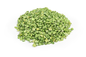 Pile of green split peas on a white background