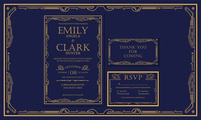 Classic Navy Premium Vintage Style Art Deco Engagement / Wedding Invitation Navy with gold color with frame. Include Thank you Tags and RSVP. Vector Illustration - Vector - Vector