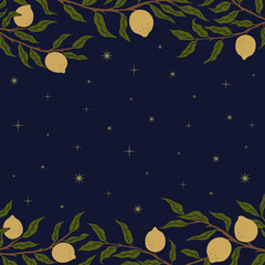 Lemon tree branches on night stars sky. Summer exotic tropical background design decoration. Composition with lemons leaves blue yellow green