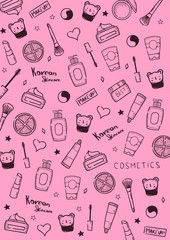 Korean cosmetics. K-Beauty banner with hand draw doodle background. Skincare and Makeup. Vector Illustration.