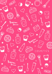 Korean cosmetics. K-Beauty banner with hand draw doodle background. Skincare and Makeup. Vector Illustration.