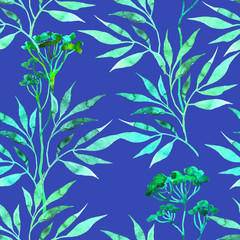Fototapeta na wymiar Summer seamless pattern with hand drawn watercolor leaves. Sweet floral background on blue. For decoration, textil, paper and wallpaper.