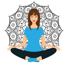 Beautiful girl or woman doing yoga with lotus mandala motif. Flat color vector illustration.
