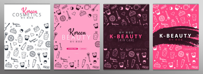 Naklejka premium Korean cosmetics. Set of K-Beauty banners with hand draw doodle backgrounds. Skincare and Makeup. Vector Illustration.
