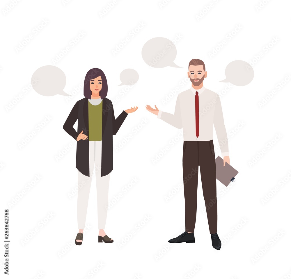 Poster pair of clerks dressed in business clothes standing and talking to each other. conversation or dialo