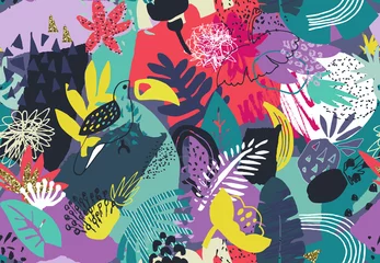 Fotobehang Kleurrijk Vector kleurrijke naadloze patroon met tropische planten, bloemen. vogels, handgeschilderde textuur.