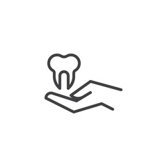 Hand Hold Tooth line icon. linear style sign for mobile concept and web design. Dental and health care outline vector icon. Teeth care symbol, logo illustration. Pixel perfect vector graphics