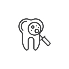 Dental diagnosis service line icon. Microscopic bacteria tooth protection linear style sign for mobile concept and web design. Tooth with magnifying glass outline vector icon. Symbol logo illustration