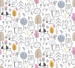 Vector seamless pattern with hand drawn wild forest animals,