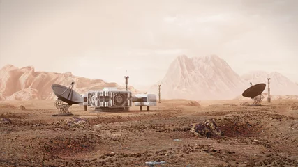 Poster basis op Mars, eerste kolonisatie, Martiaanse kolonie in woestijnlandschap op de rode planeet (3D-ruimteweergave) © dottedyeti