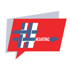 Hashtag in a quote from the speech and inscriptions. Blue and red. For graphic design. Element, blog, social networks, banner, poster.