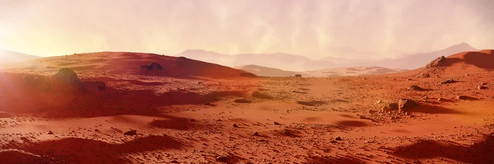 Deurstickers Baksteen landschap op planeet Mars, schilderachtige woestijn op de rode planeet (3D-banner voor ruimteweergave)