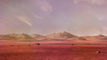 landschap op planeet Mars, schilderachtige woestijn omringd door bergen rode planeet oppervlaktescène (3D-ruimteweergave)