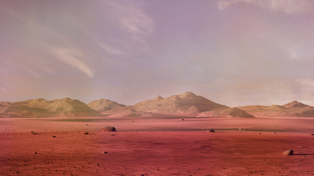 landscape on planet Mars, scenic desert surrounded by mountains red planet surface scene (3d space rendering) © dottedyeti