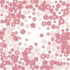 Vector Realistic Pink Flowers Falling on Transparent Background.  Spring Romantic Flowers Illustration. Flying Petals. Sakura Spa Design. Blossom Confetti. Design Elements for Wedding Decoration.