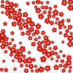 Vector Realistic Red Flowers Falling on Transparent Background.  Spring Romantic Flowers Illustration. Flying Asian Rose Spa Design. Blossom Confetti. Design Elements for Wedding Decoration.