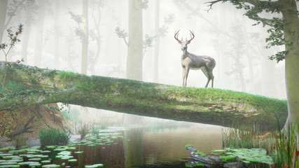 deer standing on fallen tree bridge in beautiful misty forest landscape