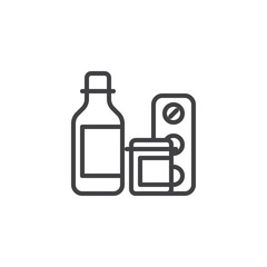 Medicine bottle and pills line icon. linear style sign for mobile concept and web design. Medical drugs outline vector icon. Healthcare symbol, logo illustration. Pixel perfect vector graphics