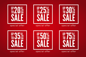 20 to 75 percent off sale discounts set on red background. Special offer - 263645300