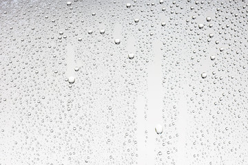 white isolated background water drops on the glass / wet window glass with splashes and drops of water and lime, texture autumn background