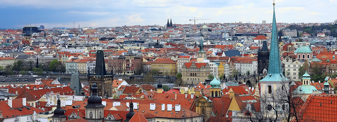Naklejka na ściany i meble narrow panorama of Prague horizontal / view of the capital of the czech republic, Prague castle with red roofs, tourist view, landscape in the czech republic