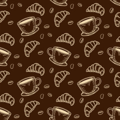 croissant, cup and coffee bean seamless pattern