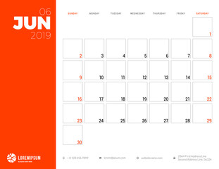 Calendar planner for June 2019. Week starts on Sunday. Printable vector stationery design template