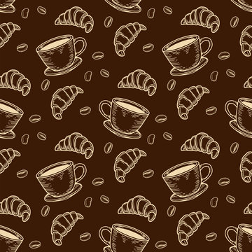 croissant, cup and coffee bean seamless pattern © mamamaria