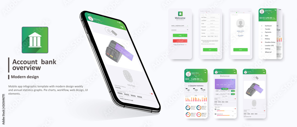 Poster banking app ui ux kit for responsive mobile app or website with different gui layout including login
