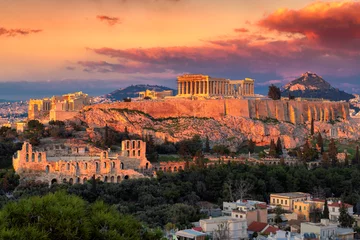 Foto op Canvas Zonsondergangmening van de Akropolis van Athene, Griekenland, met de Parthenon-tempel © lucky-photo