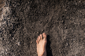 Men's feet with blue socks and campfire rests. Hiking, campground concept.