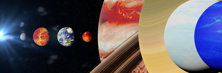 the planets of the solar system lit by the Sun, size comparison (3d science rendering banner, elements of this image are furnished by NASA)