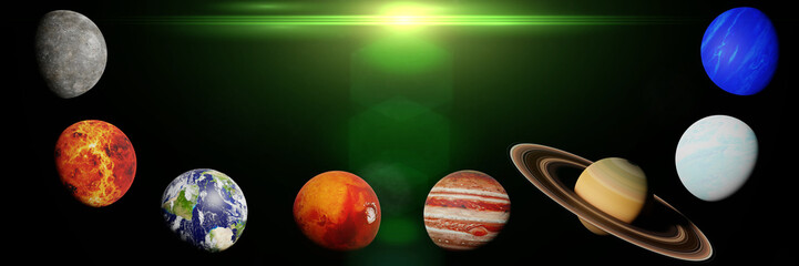 the planets of the solar system lit by the Sun (3d science render banner, elements of this image are furnished by NASA) © dottedyeti