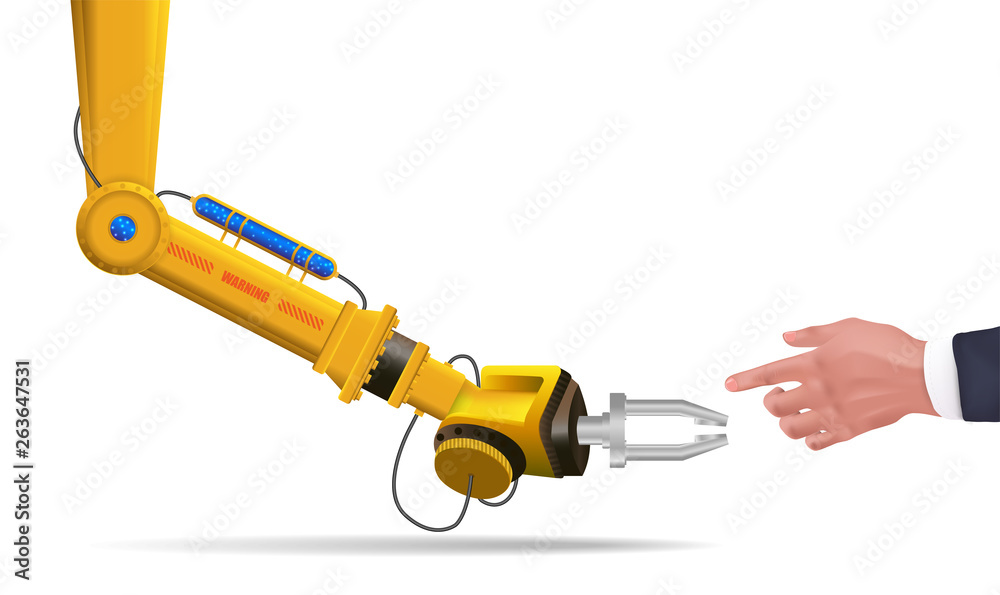 Poster Robotic arm futuristic HUD. Robot hand touch human hand. Symbol of connection and interaction a concept of automatization, machinery, robotic technology, industrial revolution, artificial intelligence