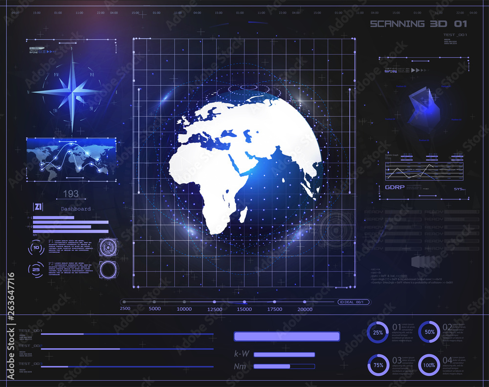 Poster Hi-tech digital abstract background display holographic earth. Futuristic user interface HUD and Infographic elements. Abstract virtual graphic touch user interface.UI hud  screen monitor radar.Vector