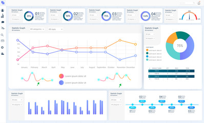Dashboard, great design for any site  purposes. Business infographic template. Vector flat illustration. Big data concept Dashboard user admin panel template design. Analytics admin dashboard.