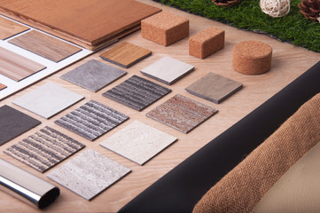 Top view of sample materials on wood background.