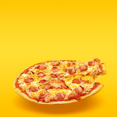 Creative layout of hot delicious pizza in flying on summer orange background. Pizza pepperoni...